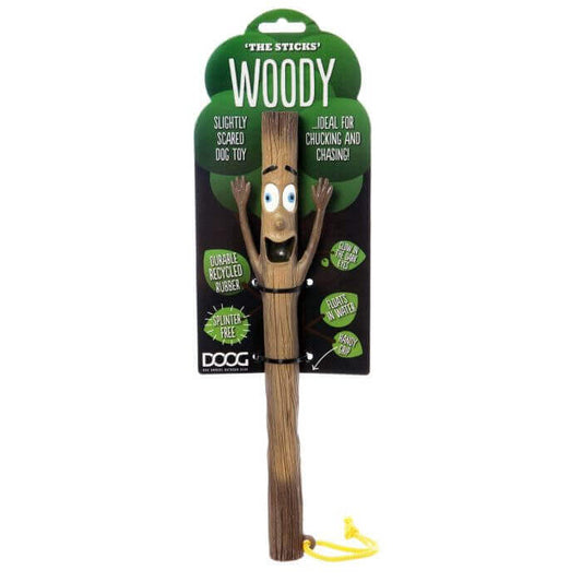 DOOG Mr Stick - Woody eco-friendly dog toy made from recycled rubber with glow-in-the-dark eyes