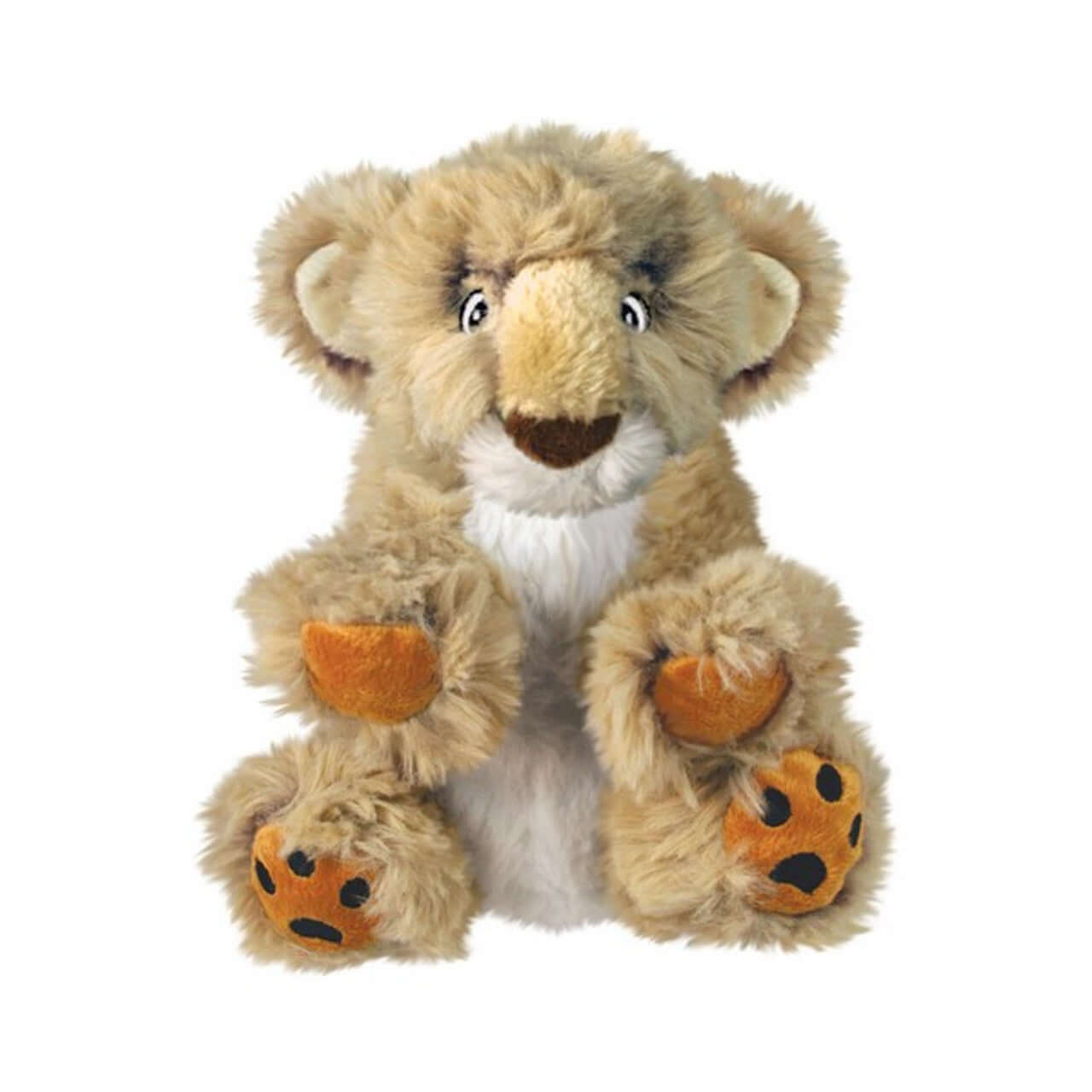 A large soft lion toy for dogs with a removable squeaker. Light brown in colour