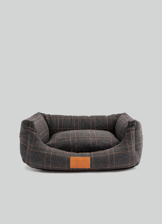 Hackett x Hugo Hudson Dark Grey Checked Tweed Fabric Dog Bed - Medium