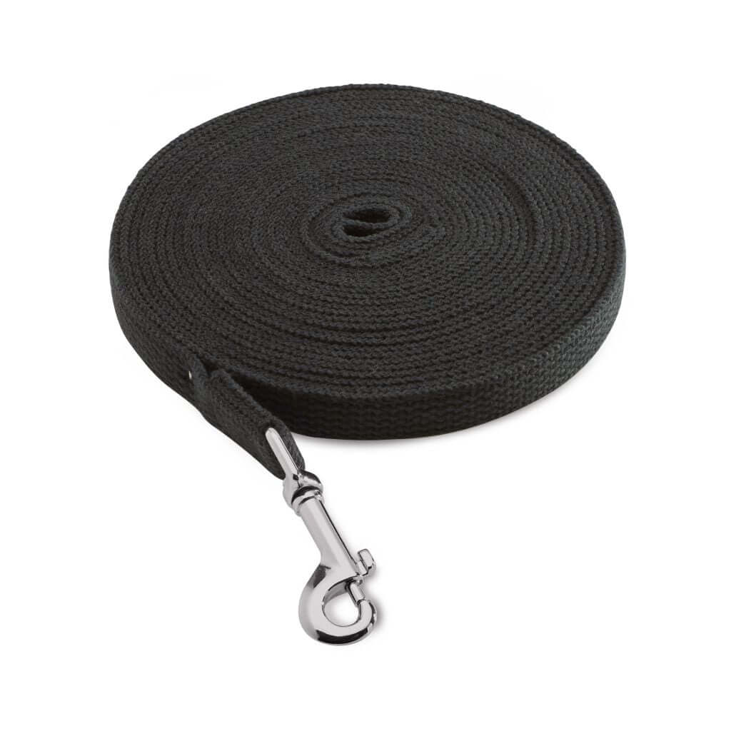 A black fabric long lead for dog training and recall