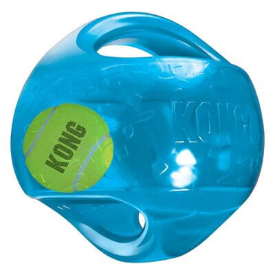 A Blue durable rubber and squeaky dog toy with a small tennis ball inside