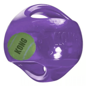 A Purple durable rubber and squeaky dog toy with a small tennis ball inside