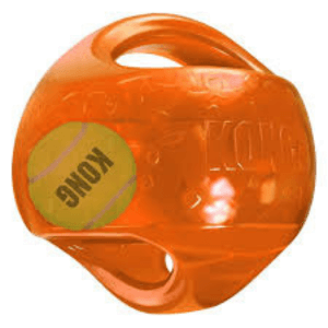 An orange durable rubber and squeaky dog toy with a small tennis ball inside