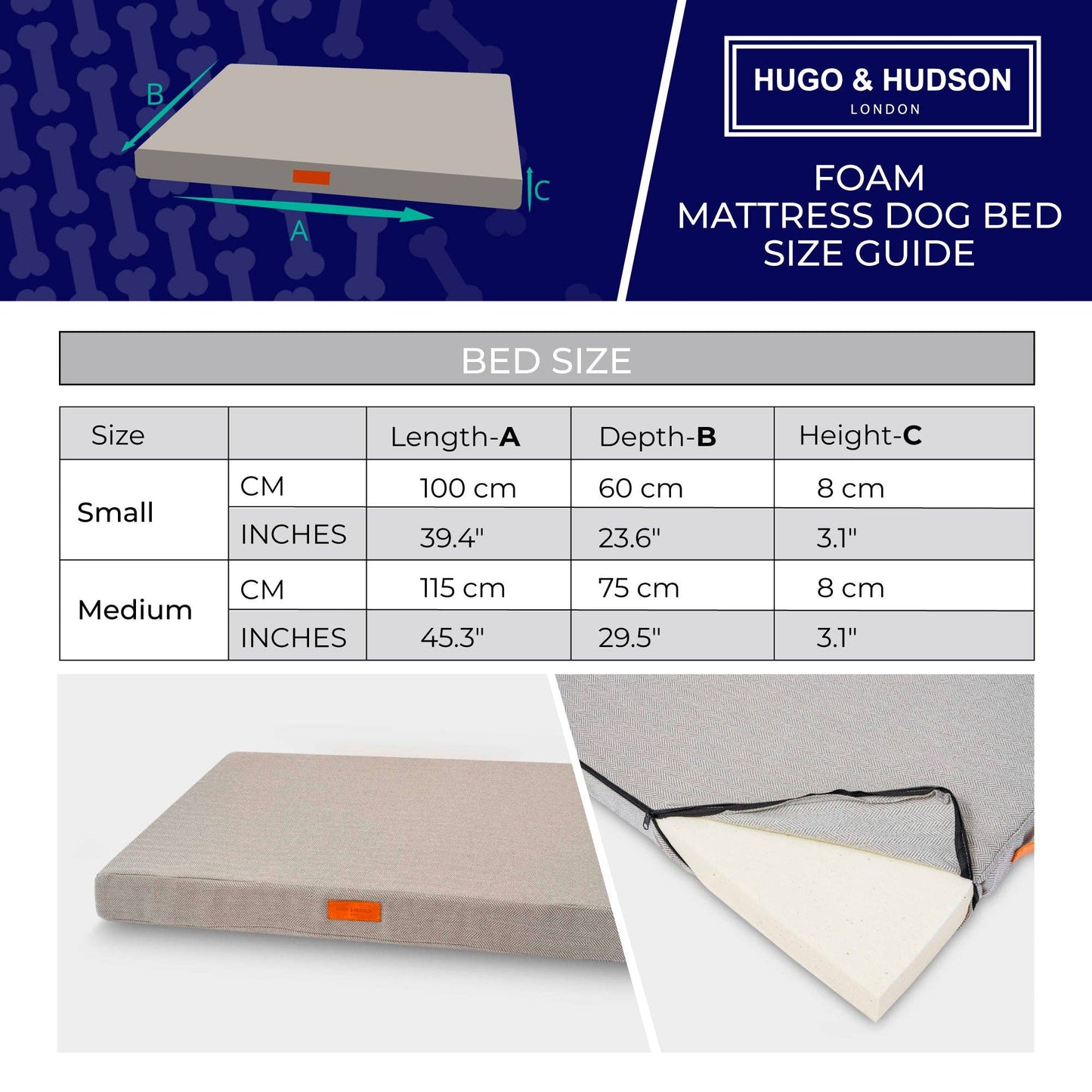 Hugo & Hudson Foam Mattress Dog Bed - Sand Herringbone: Small